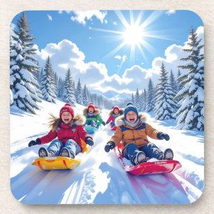Kinder Rodeln Winter Weihnachten Getränkeuntersetzer