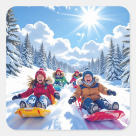Kinder Rodeln Winter Weihnachten Quadratischer Aufkleber