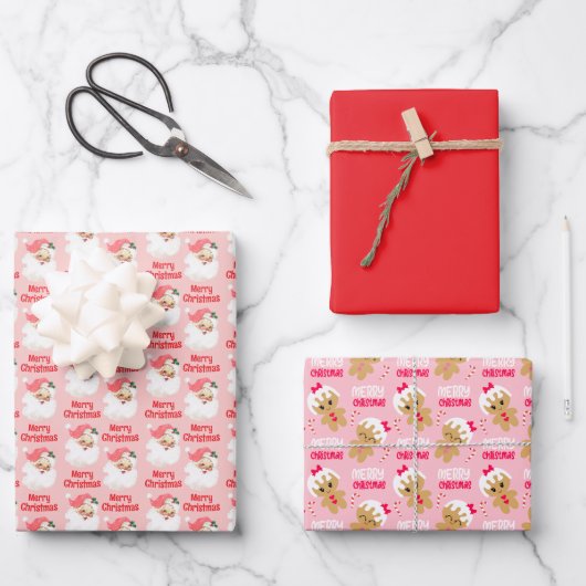 Kinder Rosa Weihnachtspapier-Set aus 3 Bögen Geschenkpapier Set (Vorderseite)