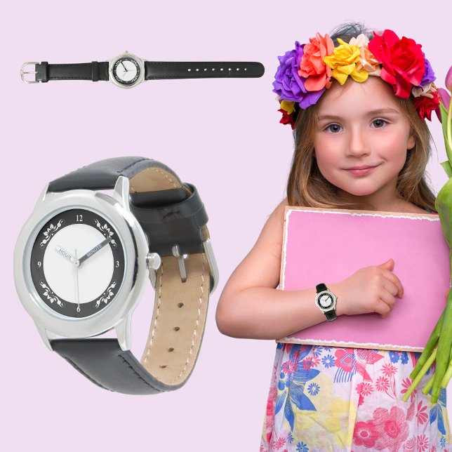 Kinder-S.S.-Riegel aus schwarzem Leder - dekorativ Armbanduhr (Kid's S.S. Black Leather Strap Decorative Watch)