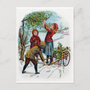 Kinder sammeln Stechpalmen im Winter Postkarte