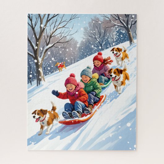 Kinder Schlitten mit Hunden im Snowy Winter Wunder Puzzle (Vertikal)