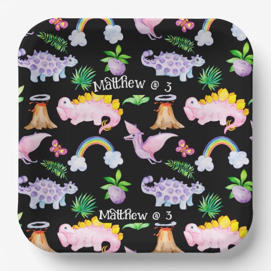 Kinder Schwarzer Fun Dinosaurier Regenbogen Wasser Pappteller (Vorderseite)