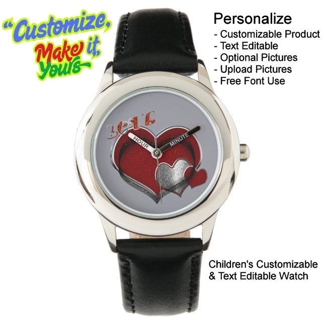 Kinder Schwarzes Leder aus Edelstahl Armbanduhr (Children's Stainless Steel Black Leather Watch with a Grey Face - Customizable & Text Editable.)