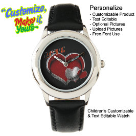 Kinder Schwarzes Leder aus Edelstahl Armbanduhr