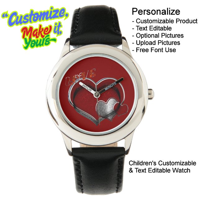 Kinder Schwarzes Leder aus Edelstahl Armbanduhr (Children's Stainless Steel Black Leather Watch with a Red Face - Customizable & Text Editable.)
