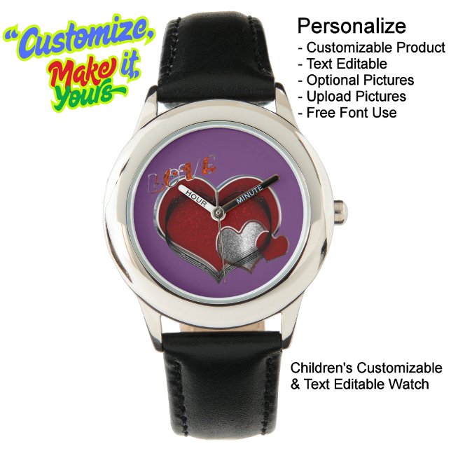 Kinder Schwarzes Leder aus Edelstahl Armbanduhr (Children's Stainless Steel Black Leather Watch with a Purple Face - Customizable & Text Editable.)
