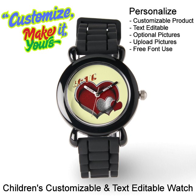 Kinder Schwarzes Silikon Beobachten Gelbes Gesicht Armbanduhr (Children's Black Silicone Watch with a Yellow Face - Customizable & Text Editable.)