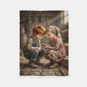 Kinder sitzen zusammen in nostalgischer ländlicher fleecedecke