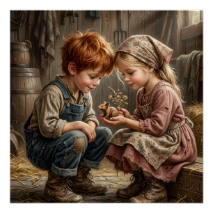 Kinder sitzen zusammen in nostalgischer ländlicher poster