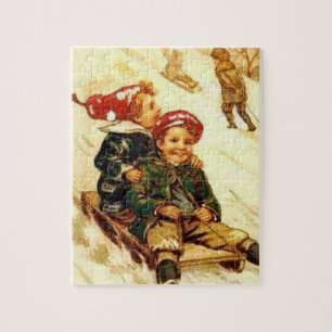 Kinder-Spaß beim Schlittenfahren, vintage Winterla Puzzle