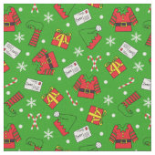 Kinder Spaß Grün und Rotes Weihnachtself Gemustert Stoff (Nahaufnahme)