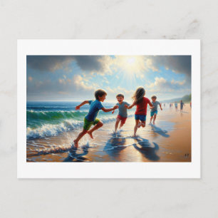 Kinder spielen an einem sonnigen Strand, Postkarte
