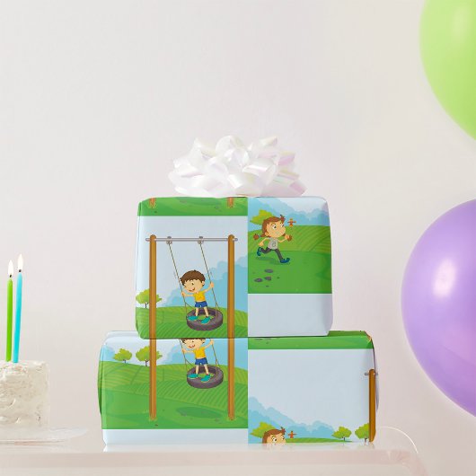 Kinder spielen auf einem Reifenschwingen Geschenkpapier