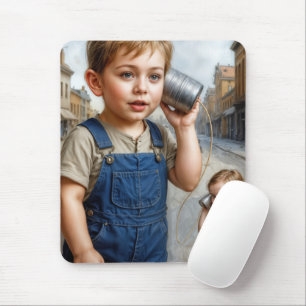Kinder spielen mit retro Telefon aus Blechdose Mousepad