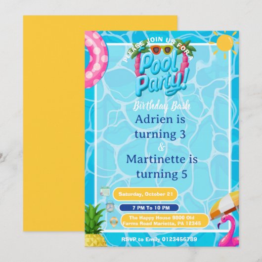 Kinder-Splash-Pool-Party Doppel-Geburtstag Einladung (Vorne/Hinten)