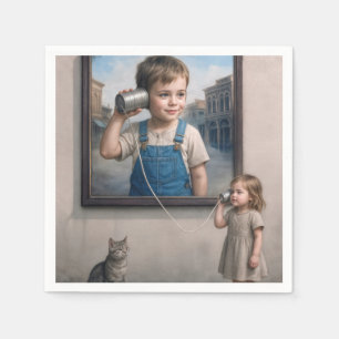 Kinder sprechen auf einem Retro-Dosen-Telefon Serviette