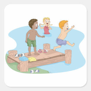 Kinder springen in den See Sommer Schwimmen Quadratischer Aufkleber