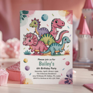 Kinder Süßer Rosa Dinosaurier 6. Geburtstagsfeier Einladung