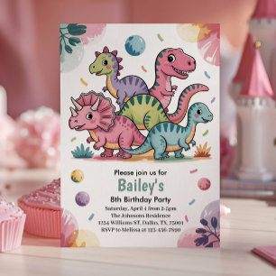 Kinder Süßer Rosa Dinosaurier 8. Geburtstagsfeier Einladung