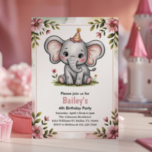 Kinder Süßer Rosa Elefant 4. Geburtstagsfeier Einladung