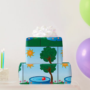 Kinder-Szene mit Pool im Hinterhof und Sonnenschat Geschenkpapier