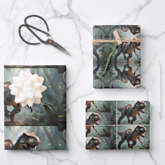 Kinder T-Rex, die durch Dschungel laufen Geschenkpapier Set (Vorderseite)