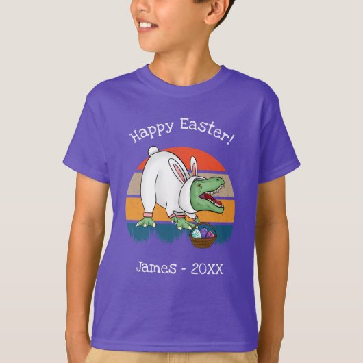 Kinder T-Rex in Ostern Bunny Kostüm Ei Jagd Name T-Shirt (Vorderseite)