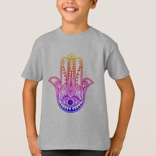 Kinder T - Shirt mit Neonin Hamsa Hand mit bösen A (Vorderseite)