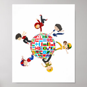 Kinder tanzen um die globalen Flaggen der Welt D Poster