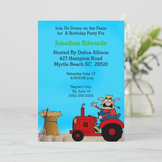 Kinder Tractor Thema Geburtstag Einladung (Stehend Vorderseite)