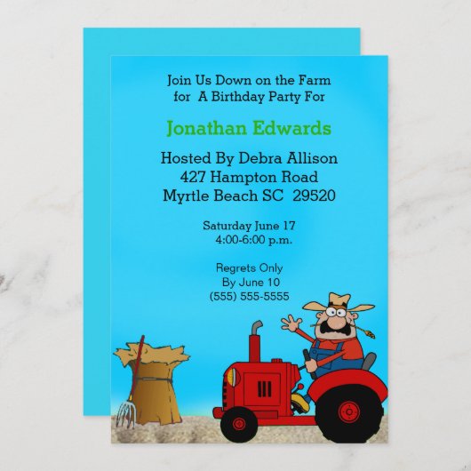 Kinder Tractor Thema Geburtstag Einladung (Vorne/Hinten)