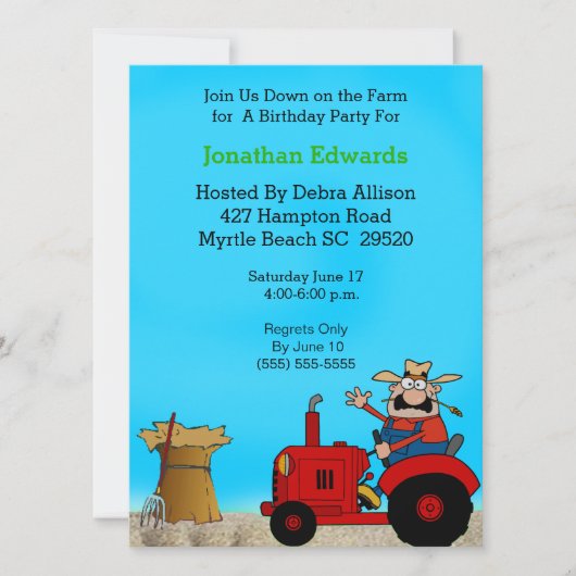 Kinder Tractor Thema Geburtstag Einladung (Vorderseite)