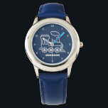 Kinder Train Boys Blue Individuelle Name Armbanduhr<br><div class="desc">Blau,  Bahn,  Verkehr,  Lokomotive,  Fahrzeug,  Vorsicht für Kinder. Gewohnt,  Kinder,  Name,  Stahlblau Jungs sehen zu. Personalisieren Sie es mit dem Namen Ihres Kindes.</div>