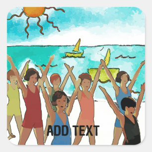 Kinder trainieren am Strand Quadratischer Aufkleber