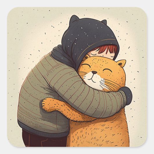 Kinder umarmt niedliche Ingwerkatze. Kind und lust Quadratischer Aufkleber (Vorderseite)