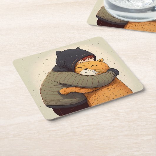 Kinder umarmt niedliche Ingwerkatze. Kind und lust Rechteckiger Pappuntersetzer (angewinkelt)