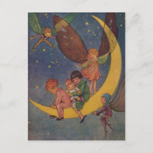 Kinder und Feen reiten auf dem Mond, Postkarte