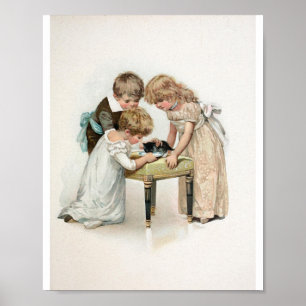 Kinder und Katze Vintage Poster