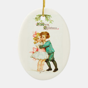 Kinder unter dem Mistelzweig Weihnachten im Vintag Keramik Ornament