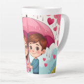 Kinder unter einem rosa Schirm mit herabfallendem  Milchtasse (Rechte Ecke)