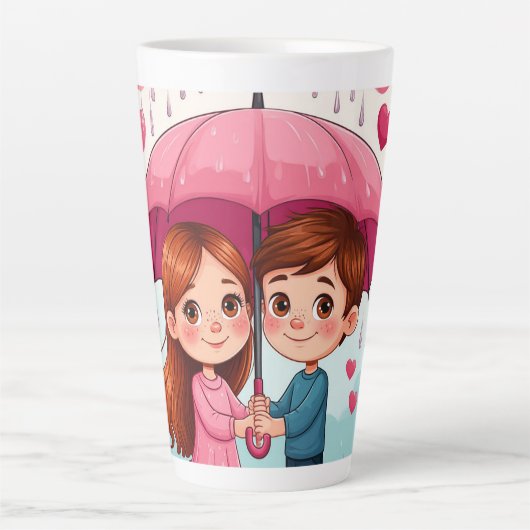 Kinder unter einem rosa Schirm mit herabfallendem Milchtasse (Vorderseite)