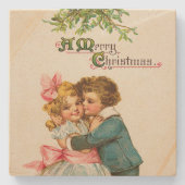 Kinder unter Mistelzweig-Weihnachten Steinuntersetzer (Vorderseite)