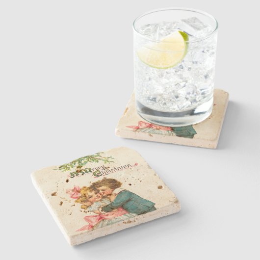 Kinder unter Mistletoweihnachtsfest Steinuntersetzer (Seitenansicht)