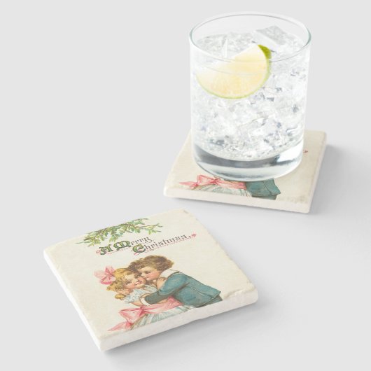 Kinder unter Mistletoweihnachtsfest Steinuntersetzer (Seitenansicht)