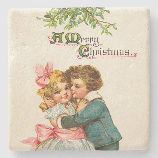 Kinder unter Mistletoweihnachtsfest Steinuntersetzer (Vorderseite)