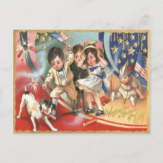 Kinder US-Flagge Hund Feuerwerk Feuerwerkskörper F Postkarte (Vorderseite)