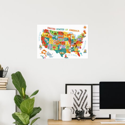 Kinder US Map Whimsical Cartoon Art Vereinte Staat Poster (Heimbüro)