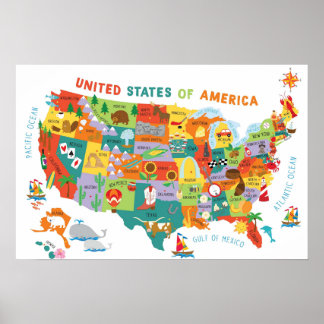 Kinder US Map Whimsical Cartoon Art Vereinte Staat Poster