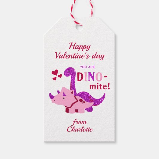 Kinder Valentinstag Girly Dinosaur Dino-mite Geschenkanhänger (Vorderseite)